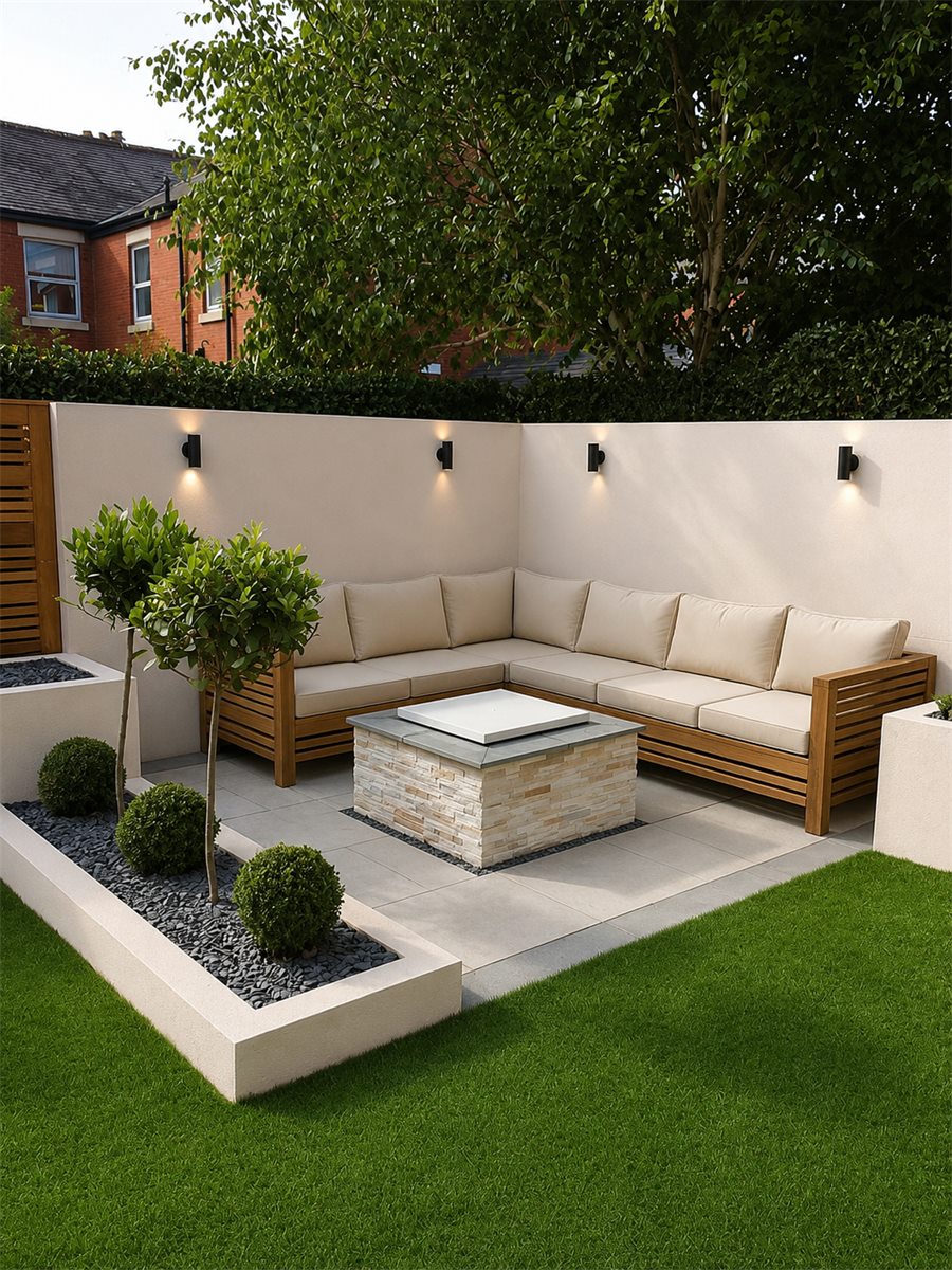 Modern outdoor stone seating courtyard